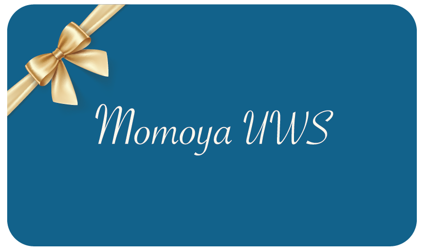 Blue gift card with a gold bow and 'Momoya UWS' text