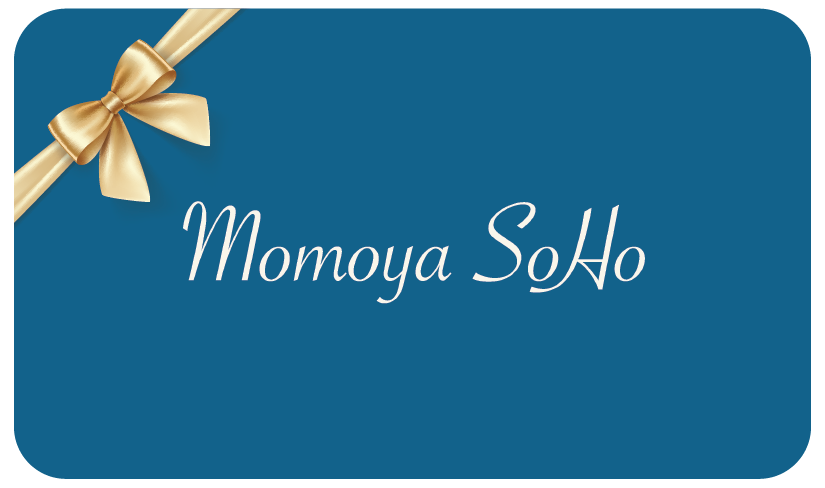 Blue gift card with a gold bow and 'Momoya SoHo' text