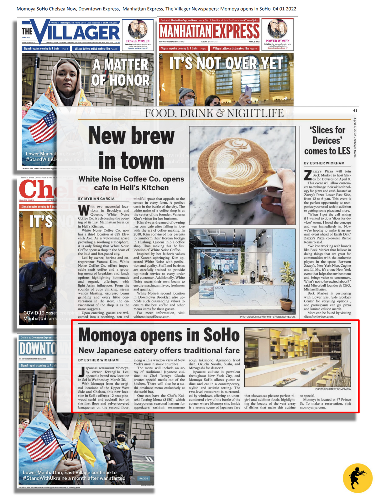 Newspaper front page with Momoya articles.