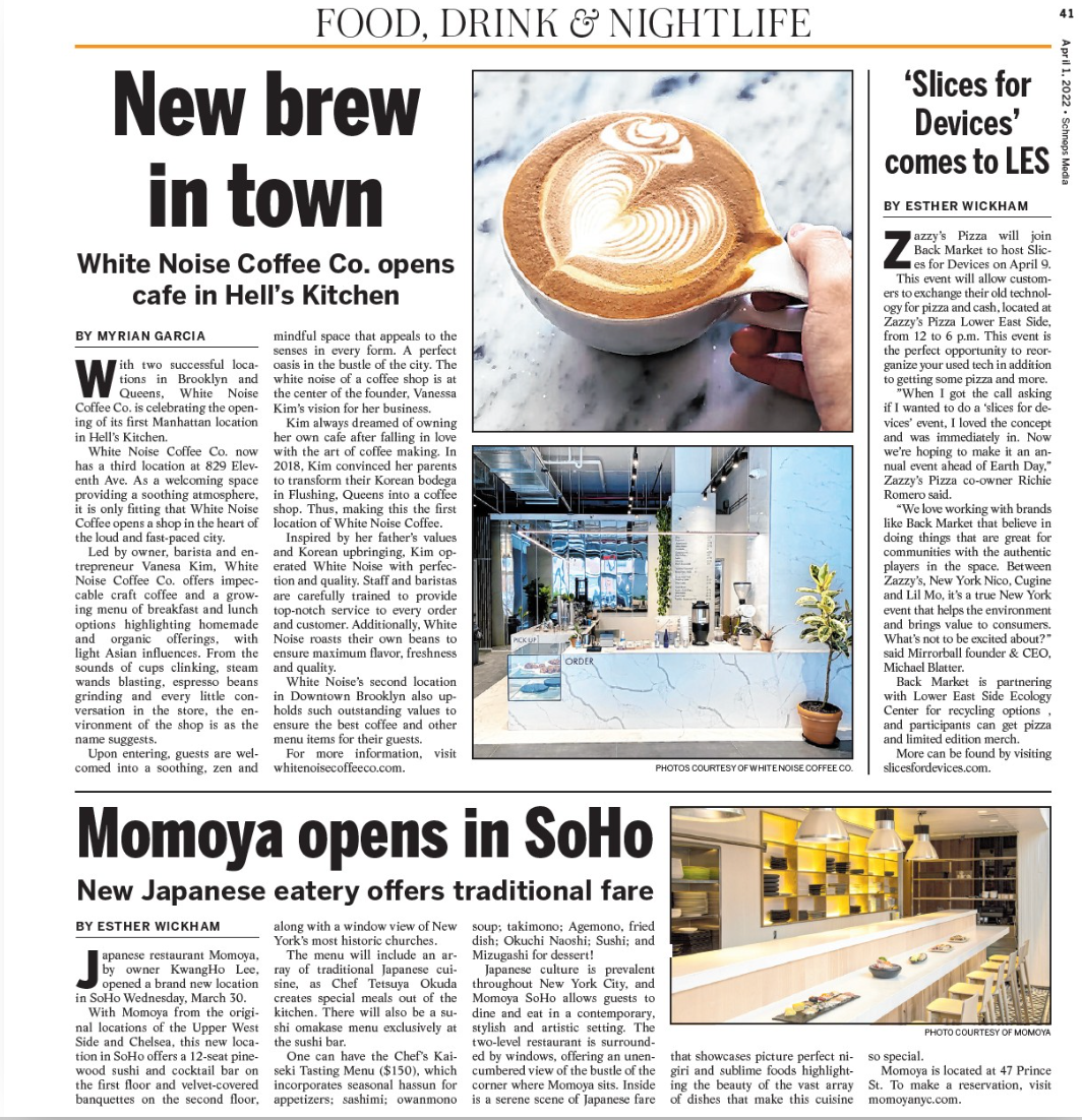 Newspaper article about White Noise Coffee Co. and Momoya restaurant with images of coffee and interior.